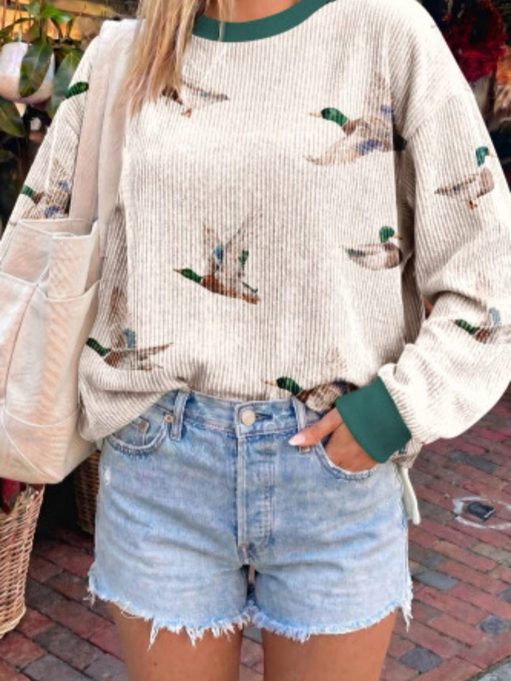 Beige Duck-Print Crewneck Sweater with Green Trim